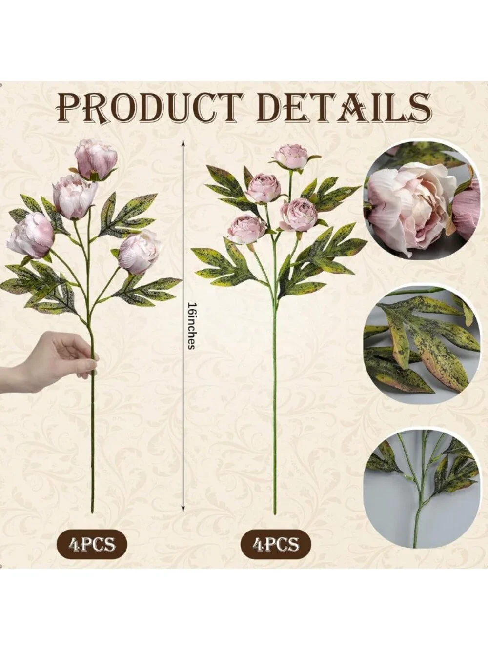 Elegant Faux Silk Peony Flowers - 8 Pcs Stem for Home Decor, Brownish Vases